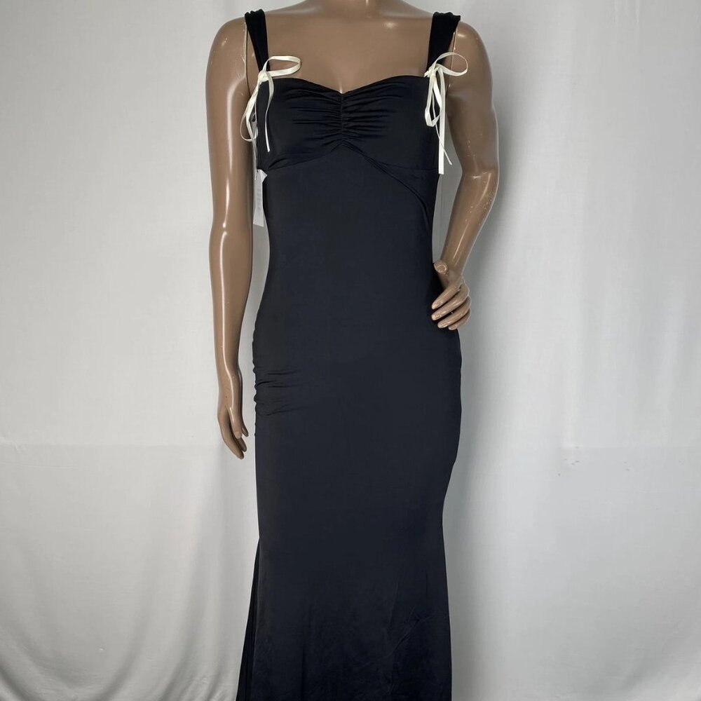 NEW MORE TO COME Kenzie Maxi Dress Black Size S | Ruched with Ribbon straps
